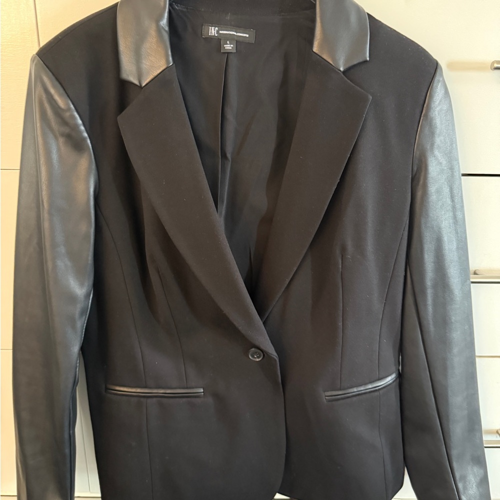 INC International Concepts Black Blazer with Faux Leather Details, Contemporary